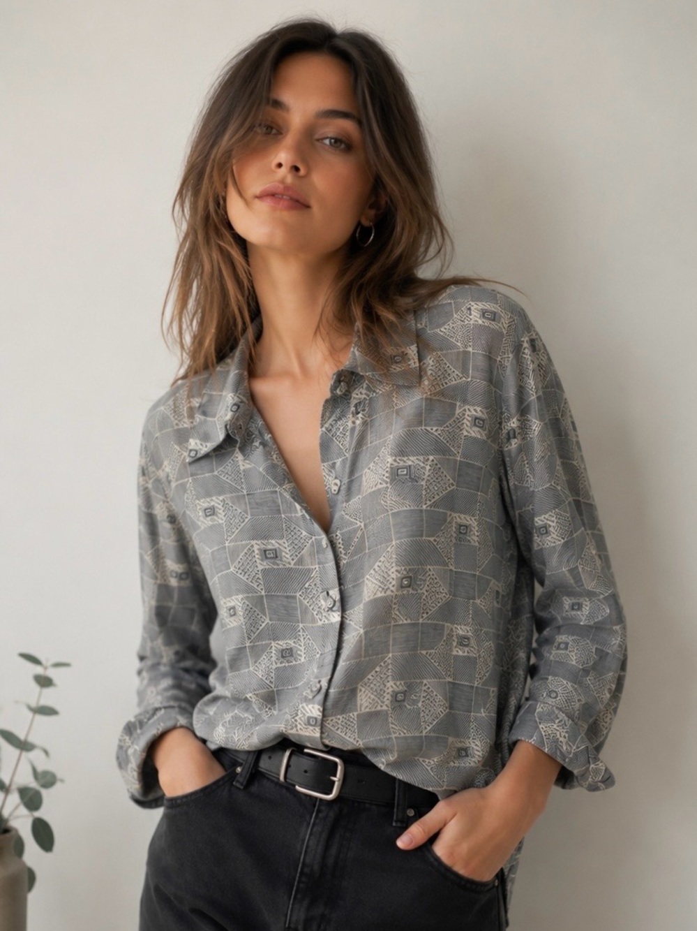 Black and Gray Geometric Button Down Blouse